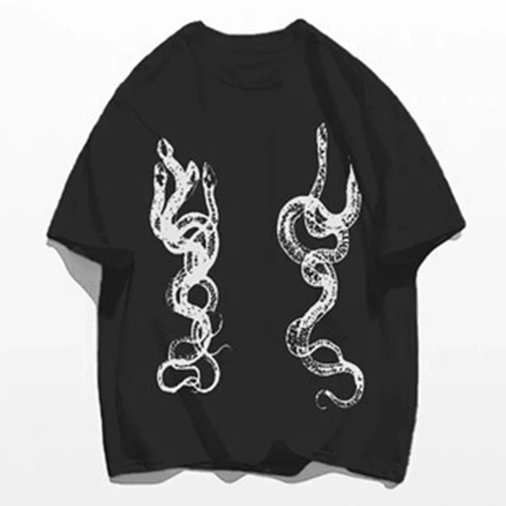 saferido Men's Casual T-Shirt Fashionable Trendy Hip-Hop High Street Y2k Retro Snake Pattern Loose Cotton Top 2024 Spring And Summer