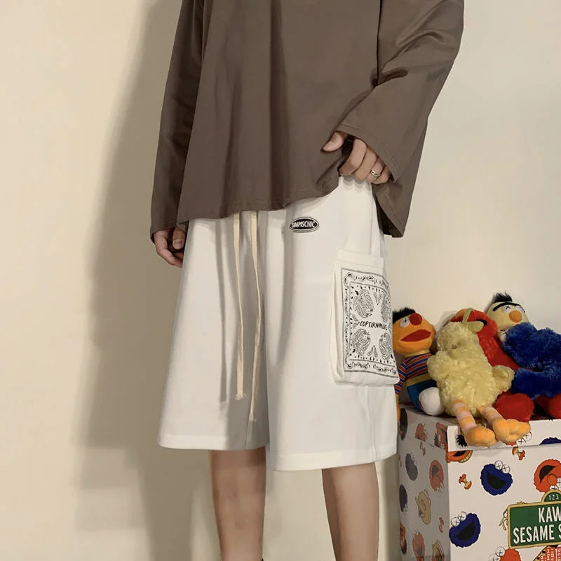 saferido Printed Big Pocket Casual Shorts for Men's Oversize Sports Straight Wide Leg Pants Loose Trend Five Points Sweatpants Summer