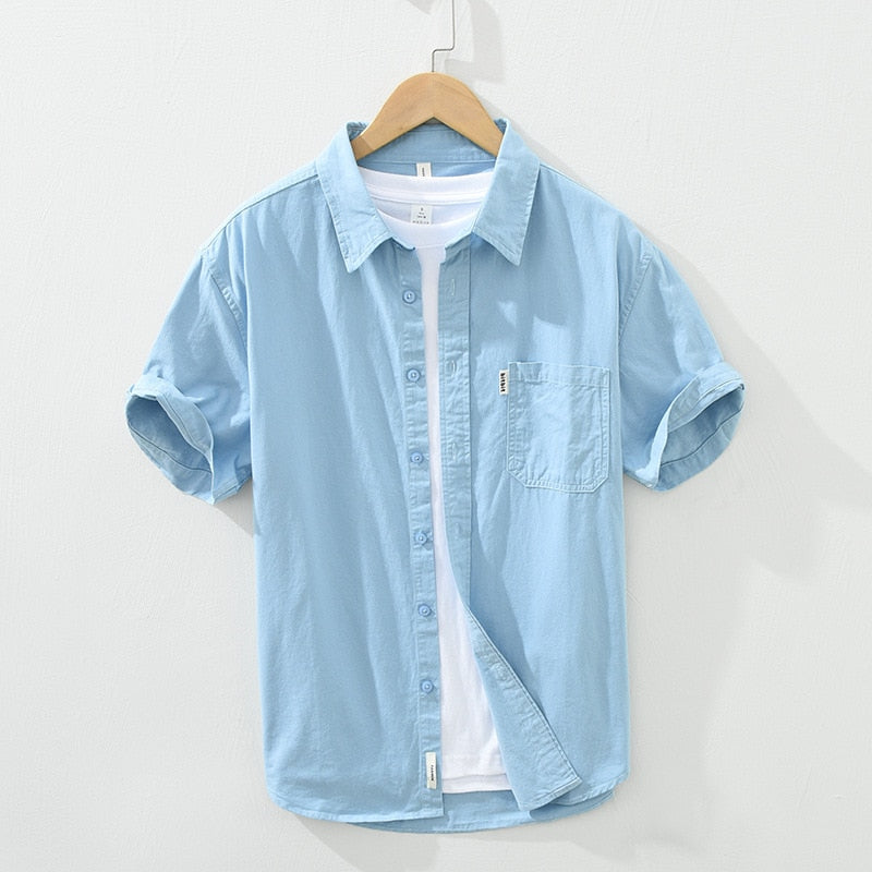 Mens Button Up Shirt Short Sleeve Pure Cotton Turn-down Collar Casual Shirts Male Solid Regular Summer New Korean Clothes