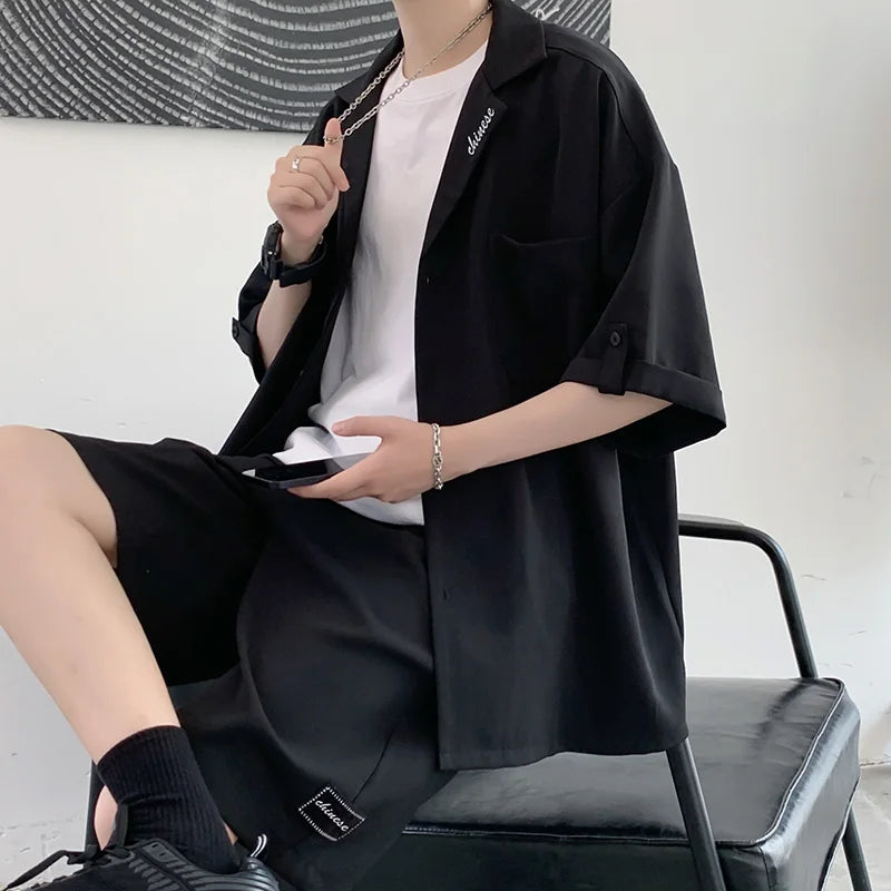 Men's Sets Summer Handsome Notched Collar Half Length Sleeve Shirts Knee Solid Elastic Waist Shorts Korean Style Fashion