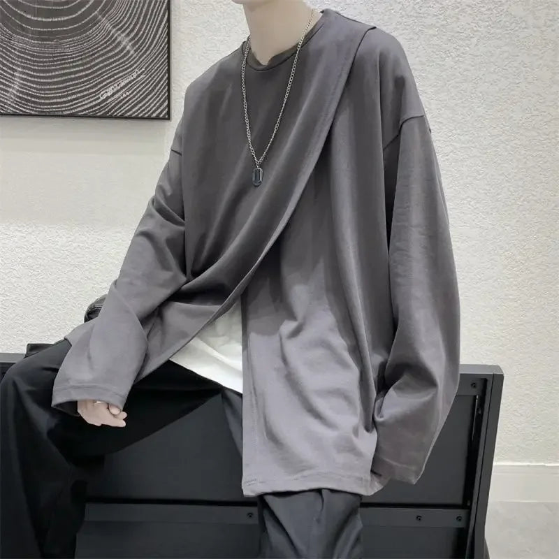 saferido men t-shirts Spring Hong Kong style long sleeve T-shirt Korean handsome loose slit top trend printing oversize man clothes