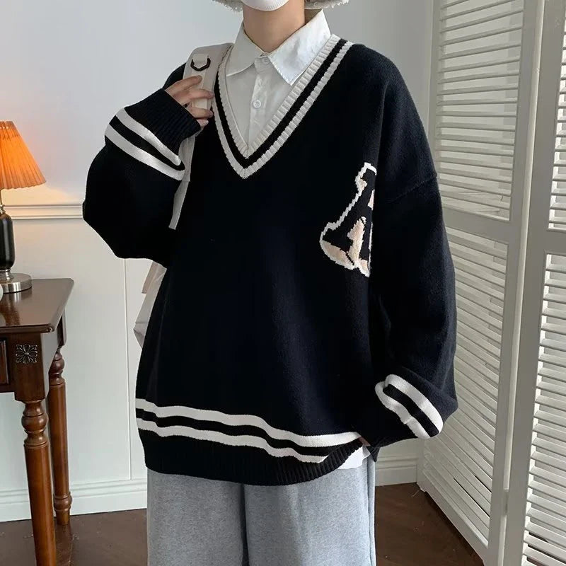 saferido Unisex Spring Autumn Oversize Pullover Sweater For Women Men Students College Japan Korea School DK JK Uniform Sweater Black