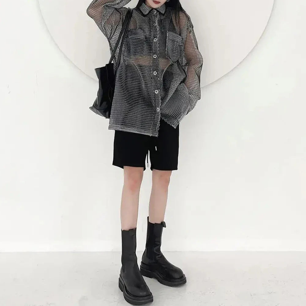 saferido Mens Casual Mesh Tops Genderless 2024 Spring Autumn New Fashion Personality Loose Versatile Streetwear Retro Shirts Unisex