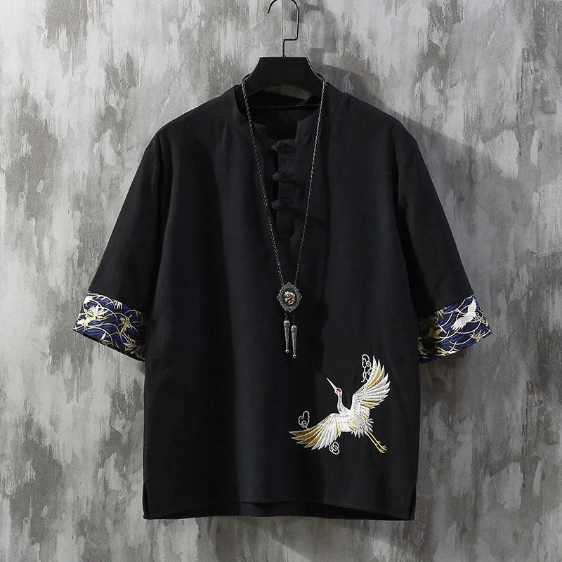 saferido Chinese Style Disc Button Linen T-shirt Mens Summer Short-sleeved Tang Shirt Loose Large Size T-shirt Japanese Kimono Men New