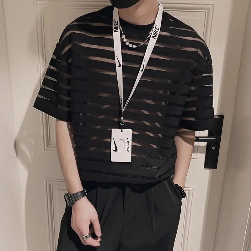 saferido Korean New Men's Clothing Fashion Hollow Out Striped Tops Man Comfortable Breathable Lace Thin Style T-shirt