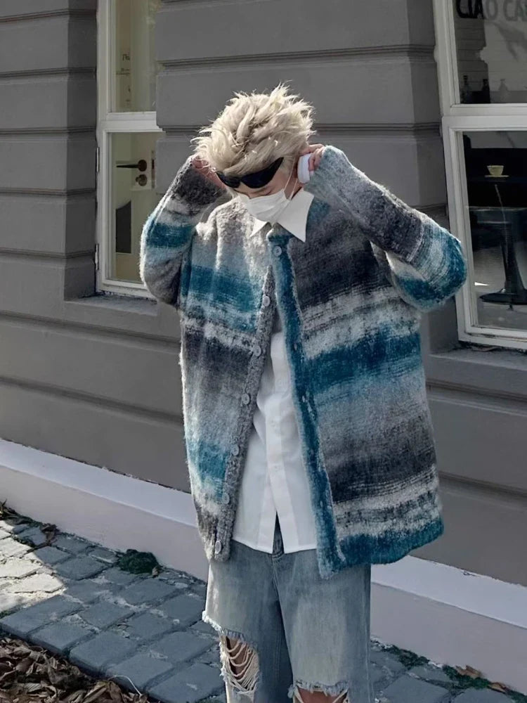 saferido Striped Knitted Sweater Coat Men Japanese Y2K Oversize Casual Autumn Winter Loose V-Neck Cardigan for Men Rainbow Color