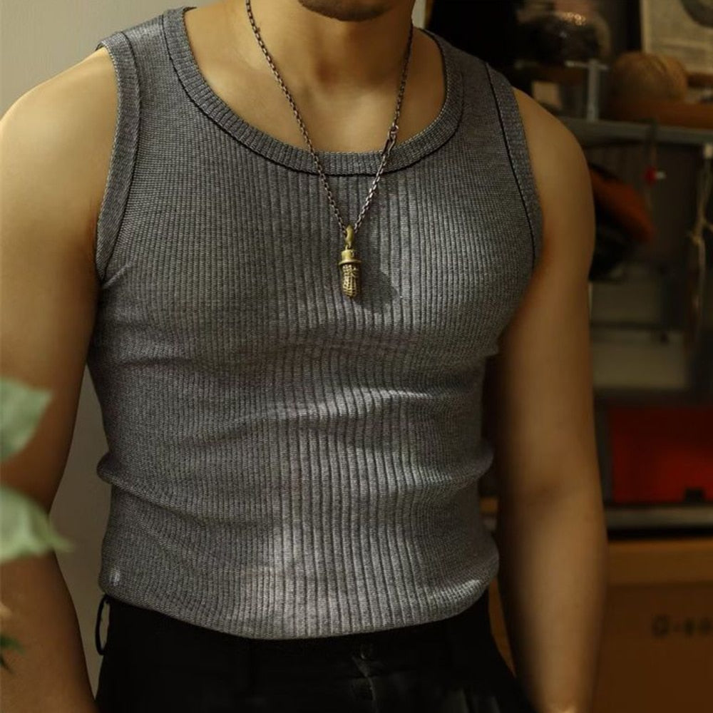 Man Streetwear Casual Solid Knitted Vest Sports Gym Bottoming Shirt Summer Ribbed Tank Top Male Slim Crew Neck Sleeveless Tees