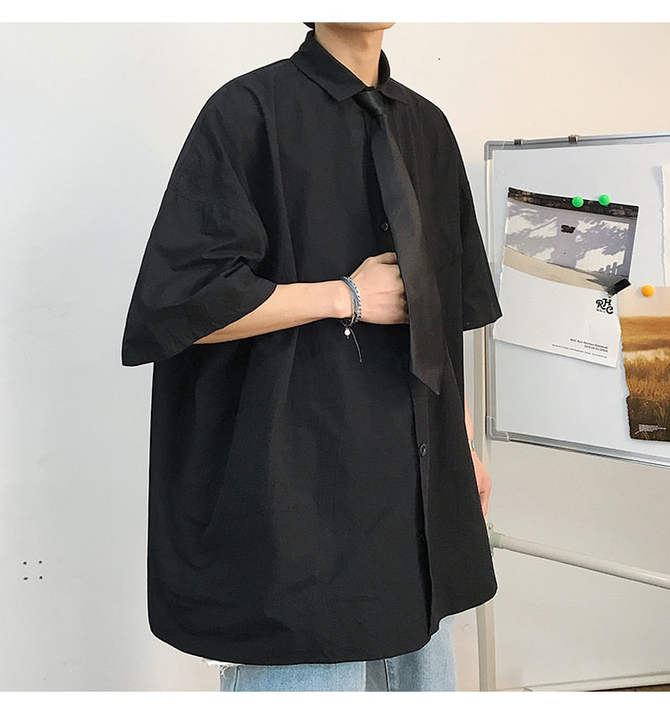 saferido Summer New Fashion Loose Solid Shirts Men's Casual Short Sleeve Shirts Turn-down Collar Clothing Blouses Tops Q02