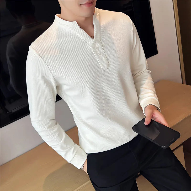 saferido British Style Men's Summer Casual Long Sleeve V-Neck T-Shirts/Male Slim Fit High Quality T-Shirt Tees Plus size S-4XL