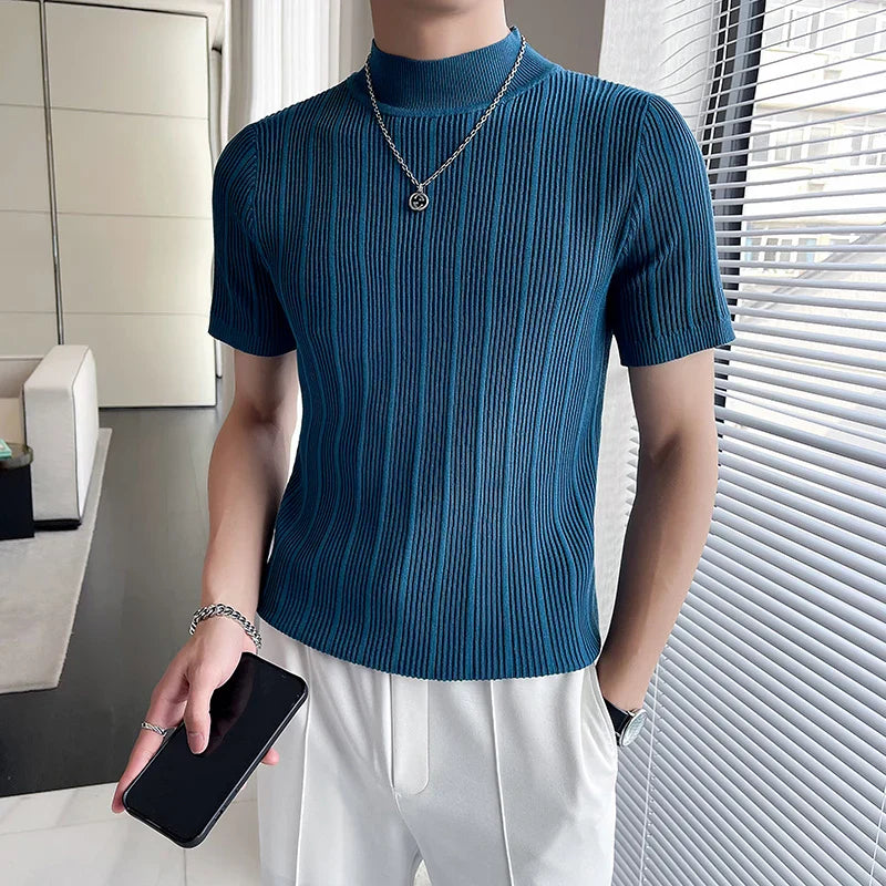 saferido Korean style Tees Men Summer Casual Knit T-shirts/Male slim fit stripe High neck knitting T-shirt 4XL
