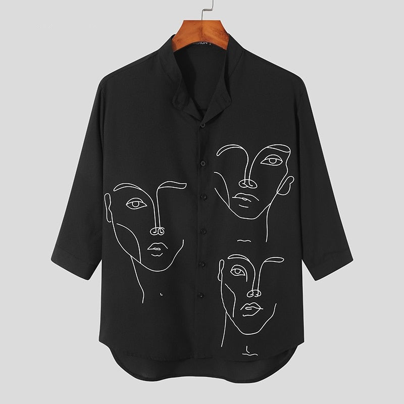Stylish Simple Style New Men Blouse Casual Party Shows Male Loose Fashionable Face Printing Streetwear Shirts Tops