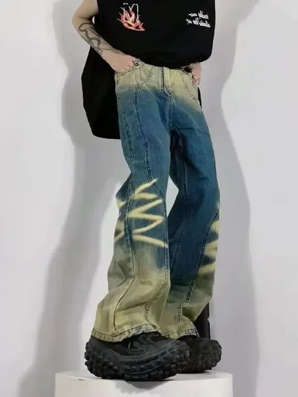 saferido American high street gradient washed old ripple jeans men and women loose straight pants tide senior Korean fashion sense pants