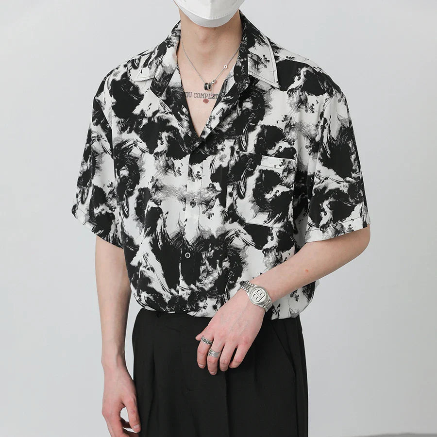 Summer Top Korean Loose High-grade Drape Ice Silk Shirt Men Short Sleeve Trendy Ink Print Non-ironing Hawaiian Shirts for Men