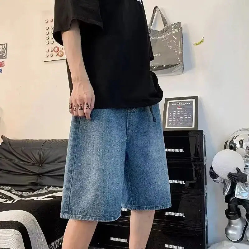 saferido Mens Y2k Casual Sports Denim Shorts 2024 Spring Summer New Genderless Streetwear Simple Solid Color Loose Jeans with Belt Unisex