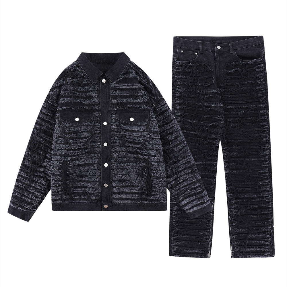 Fashion Men's Distressed Denim Suits Streetwear Harajuku Solid Color Loose Spliced Cowboy Jackets and Jeans 2 Piece Sets Unisex