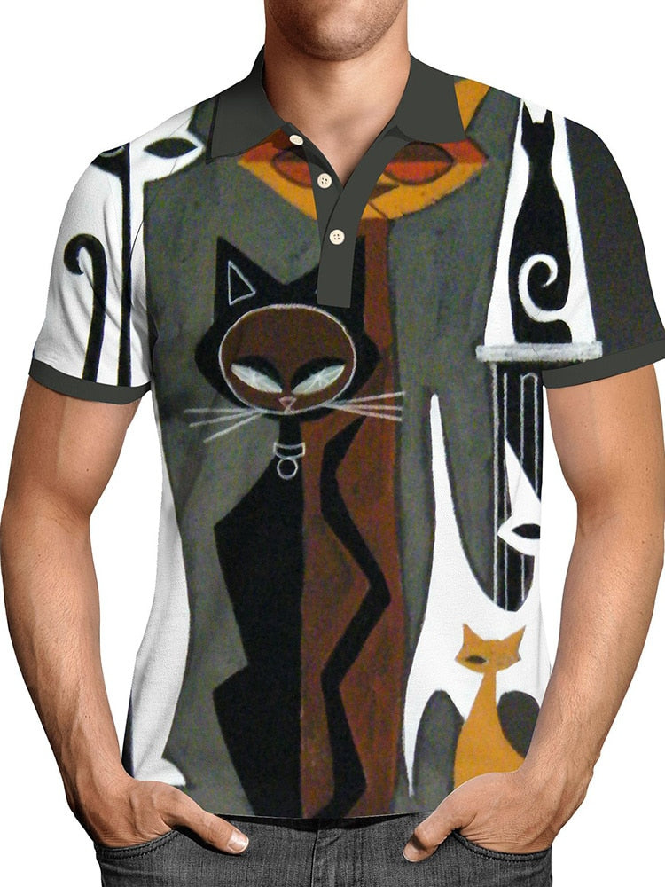 Pullover Tops Mens Fashion Turn-down Collar Button-up Polos Vintage Print Polo Shirt Men Summer Short Sleeve Casual shirts