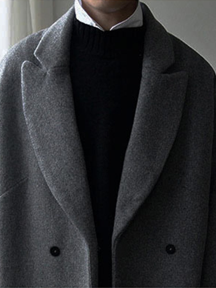 Autumn Winter Loose Casual Grey Black Soft Warm Woolen Cocoon Coat Men Lapel Double Breasted Korean Fashion