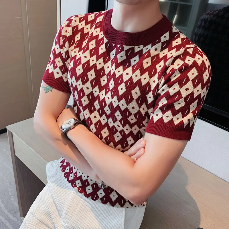 saferido Korean Style High Quality For Men Plaid Short Seeve Knit Sweater/Male Slim Fit Fahion O-Neck Set head Knit Sweaters Homme