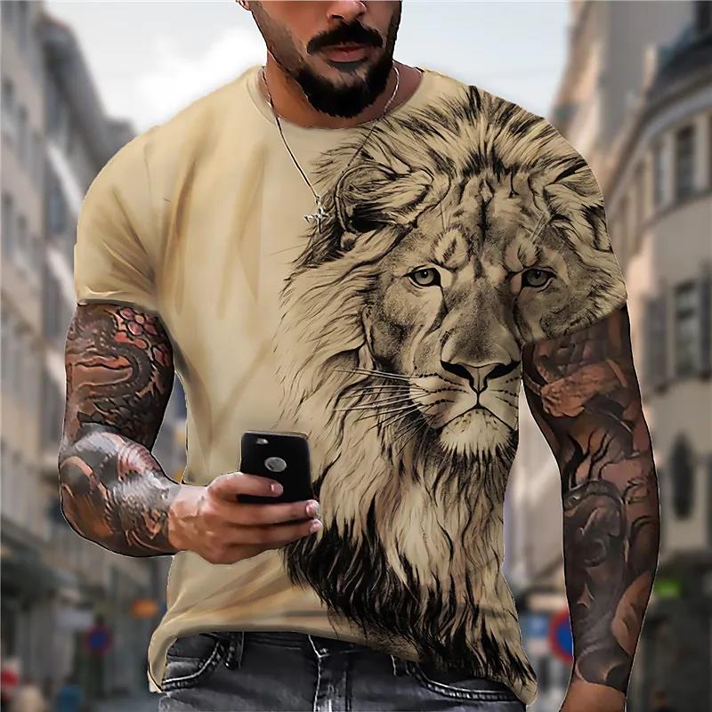 Lion Fighting Animal Beast Fierce Lion Wolf 3D T Shirt New Summer Men's Oversized Short Sleeve Black and White Design Polyester