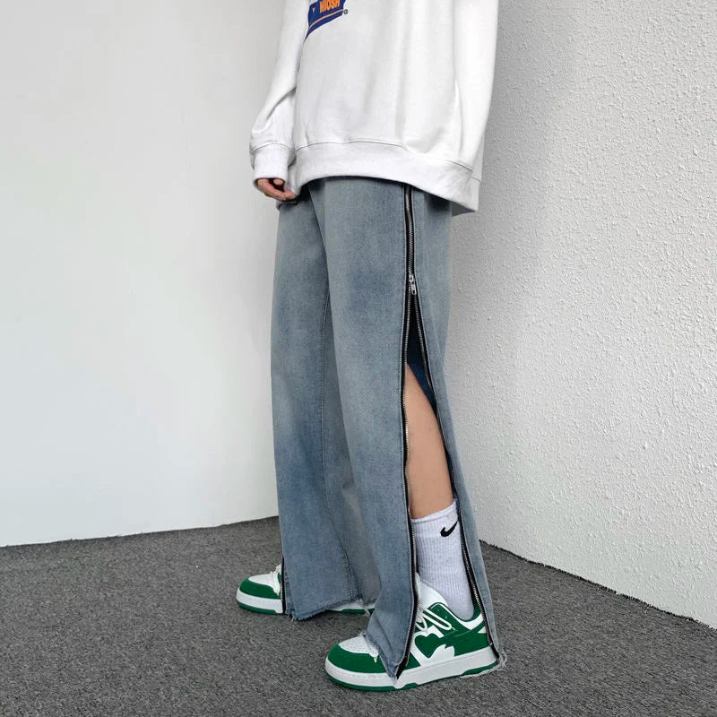 saferido Washed Blue Jeans for Men Hiphop Zipper Design Loose Straight Mopping Denim Trousers Oversize Trend Retro Wide-leg Daddy Pants
