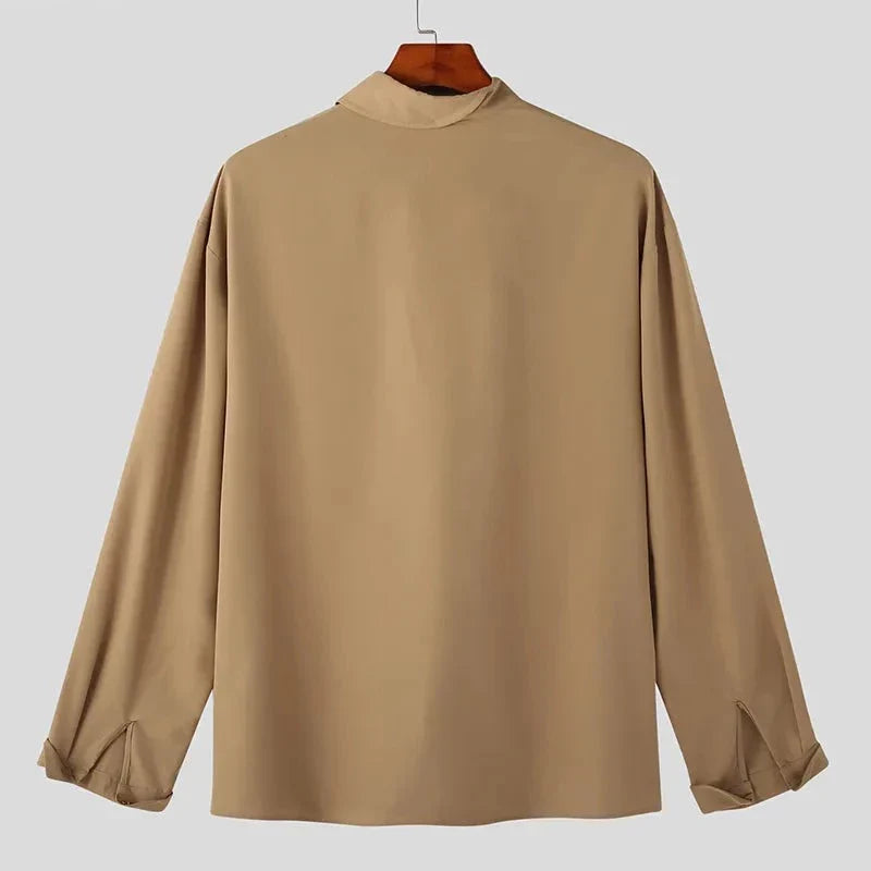 Tops Korean Style New Men's Diagonal Placket Solid Simple All-matcg Blouse Fashion Casual Long Sleeved Shirts S-5XL