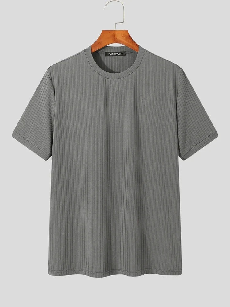 Tops Korean Style New Men's Round Neck Design Niche Camiseta Casual Male Striped Solid Short-sleeved T-shirts S-5XL