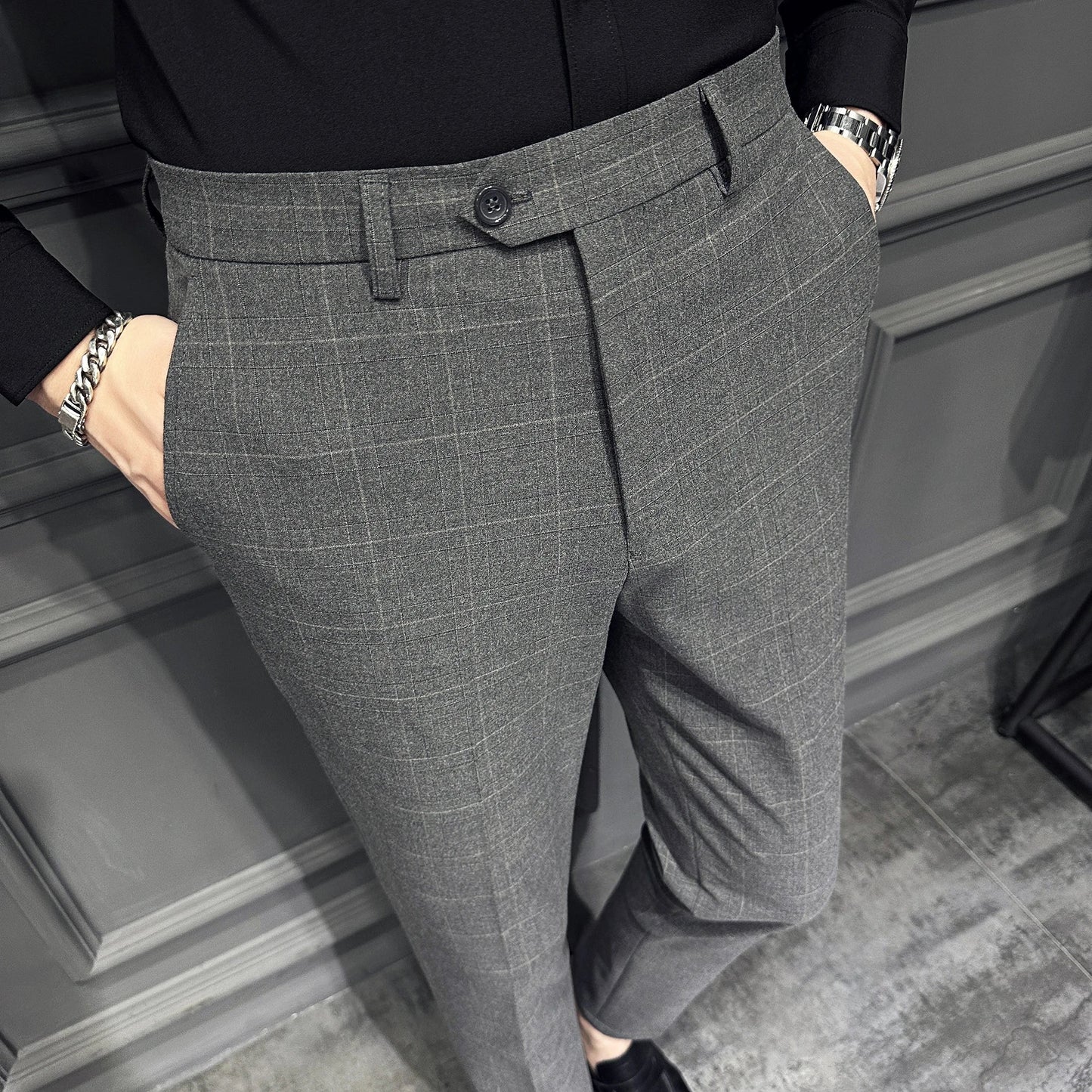 saferido Men Slim British Style Suits Pants Business Casual Trousers Male Solid Fit Trousers High Quality Man Formal Wear Plaid 36 38