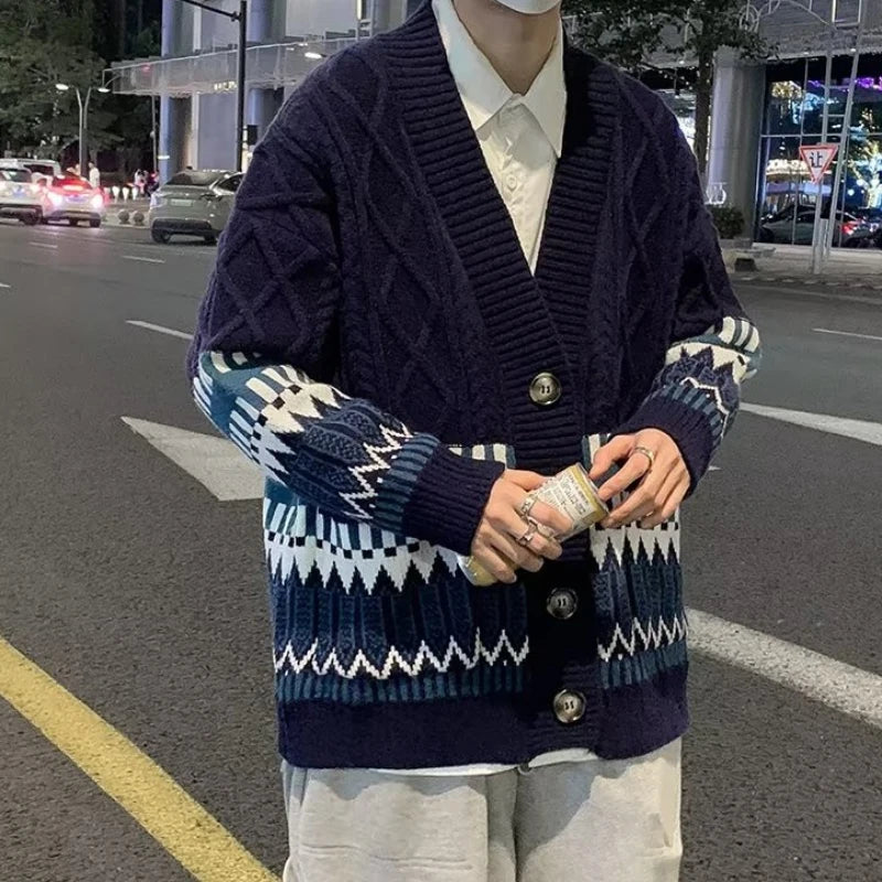 Colorful Cardigan Men Fashion British Style Traditional All-match Comfortable Baggy Twisted Knitwear Chic Advanced Long Sleeve