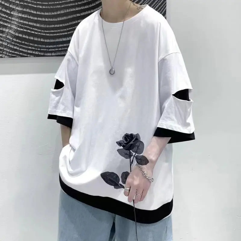 saferido Street Casual Fashion Loose Pullovers Patchwork T-Shirts Short Sleeve Man Spring Summer Thin Hooded Round Neck Men's Clothing