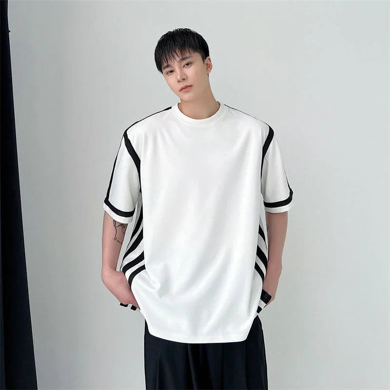 Men Clothing Summer Short Sleeve Stripe Oversized T-shirt Korean Fashion Loose Streetwear Harajuku T-shirt For Male