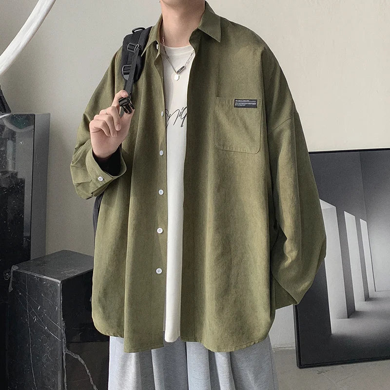 saferido men's spring and summer ins solid color long sleeve shirt men's Korean version trend basic style niche design shirt coat