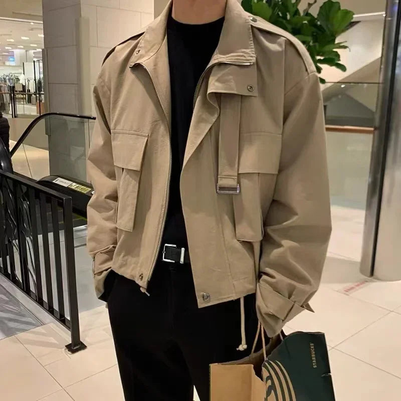 saferido Men's Jackets Coat Korean Style Loose Fashion Turn-down Collar Retro Cargo Solid Pockets Temperament Winter Jacket Male Coat
