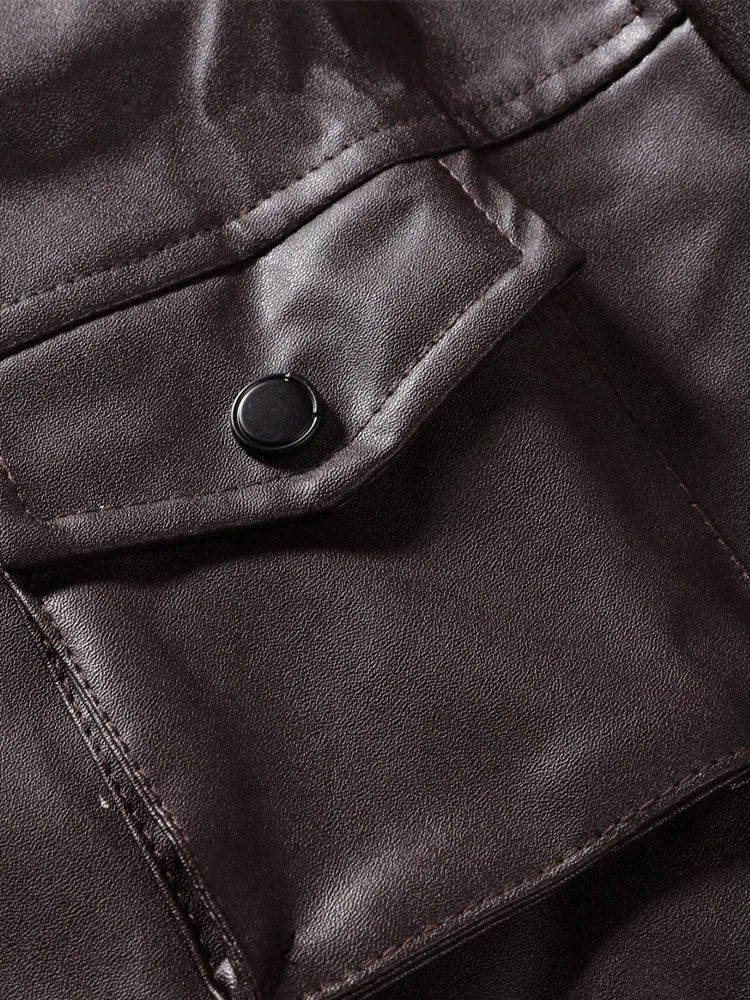 Autumn Business Men's Leather Jackets Motorcycle Bike Streetwear Clothing Men Stand Collar Pocket Zipper Overcoat Man