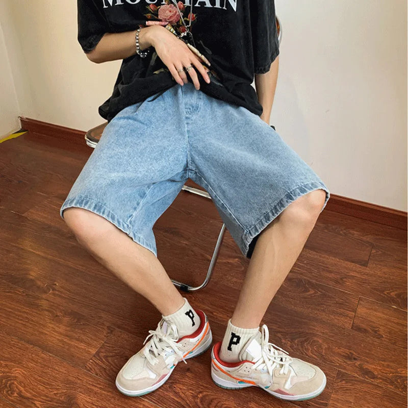 saferido Summer Denim Shorts for Men Korean Harajuku Retro All-Match Baggy Straight Bottoms Wide-Leg High Street Five-Point Jeans Pants