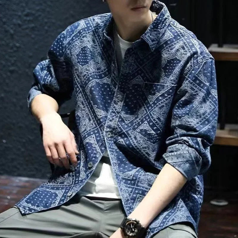 saferido Spring Autumn New Vintage Printing Turn-down Collar Long Sleeve Shirt Man Cotton Loose All-match Single Breasted Cardigan