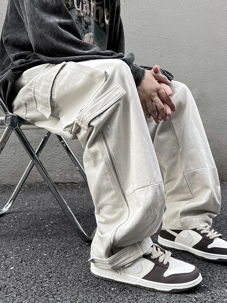 saferido American straight tube workwear pants for men, autumn trendy high street logging wide leg pants ruffled and handsome loose