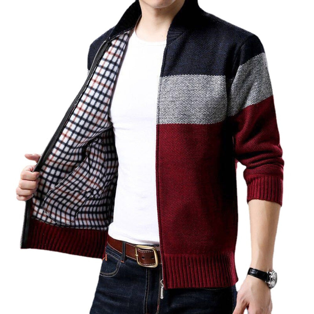 Spring Winter New Men's Cardigan Single-Breasted Fashion Knit Plus Size Sweater Stitching Colorblock Stand Collar Coats Jackets