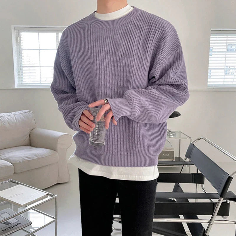 Autumn Men's Luxury Knitted Solid Color Pullover Sweater Long Sleeve Casual Solid Color Loose Stylish Texture Leisure Knitwear