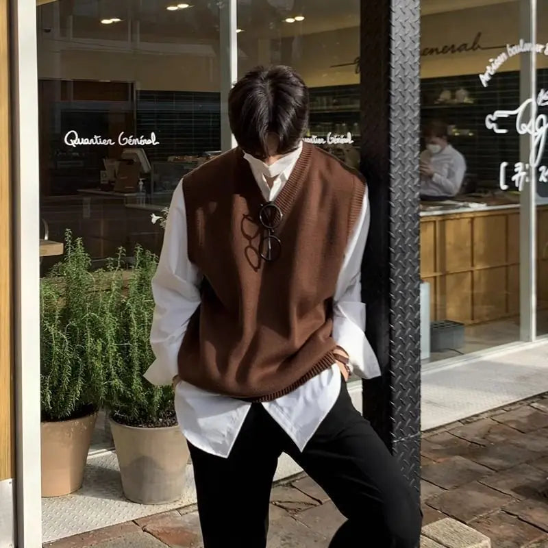 Autumn Acrylic Knitted Sweater Vest Men V-neck Sleeveless Golf Vest Korean Style Solid Color Loose Casual Casual Men's Vest