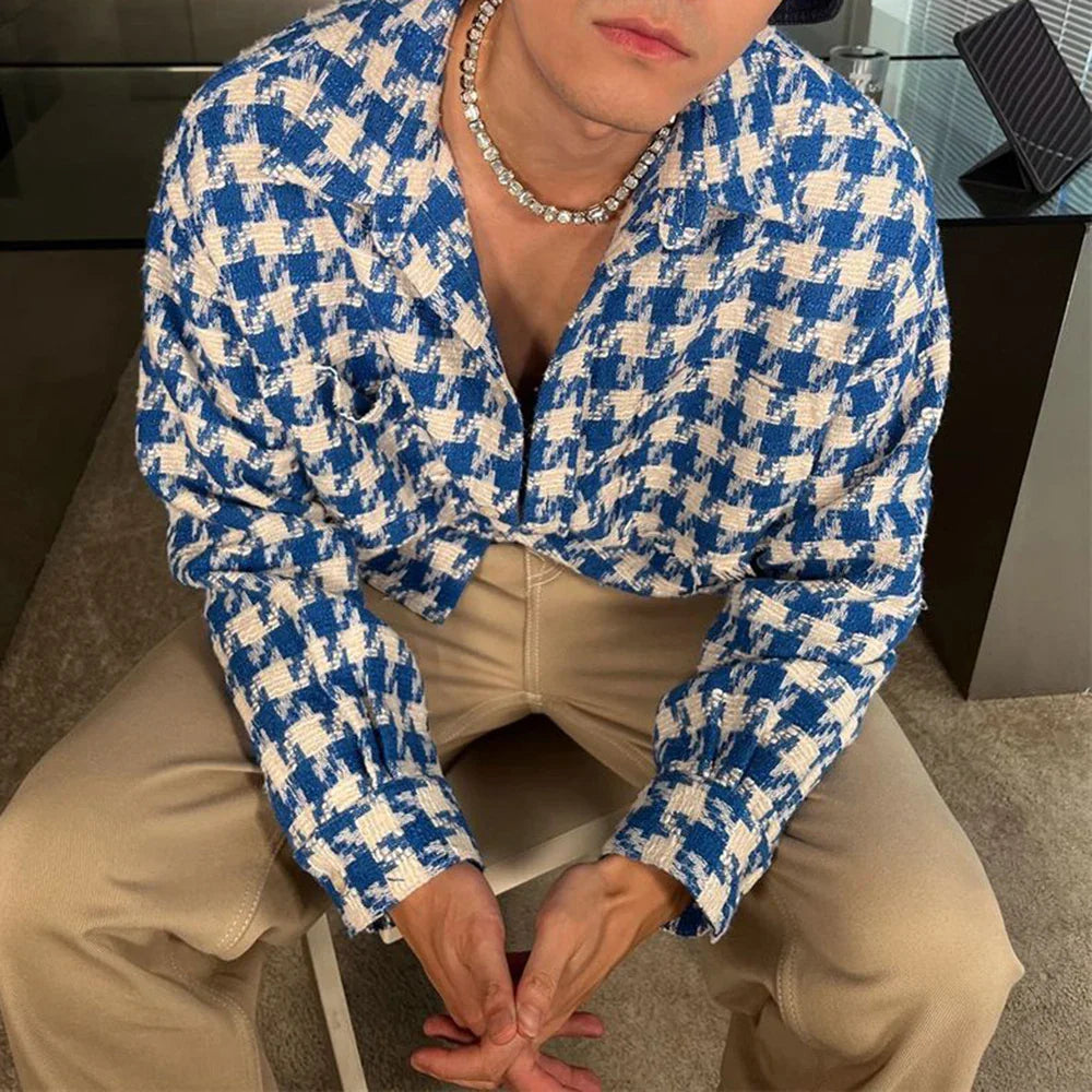 saferido Spring New Simple Versatile Fashionable Blue Houndstooth Woolen Shirt Style Genderless Casual Unisex Long-Sleeved Shirt