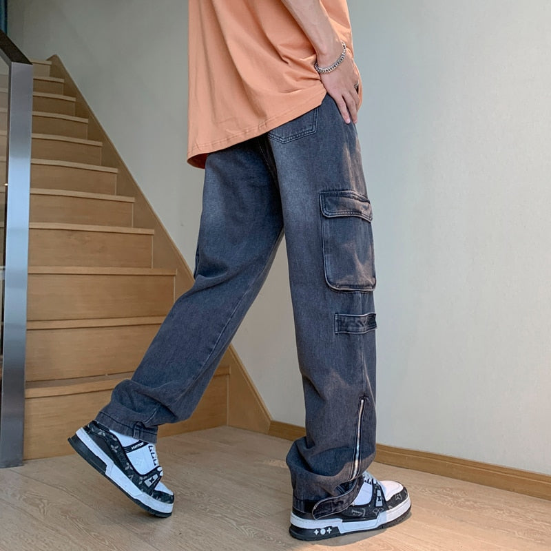 Fashion Pocket Zipper Men's Jeans Neutral Wide Leg Denim Trousers Loose Straight Jeans Youth Casual Neutral Hip Hop Pants