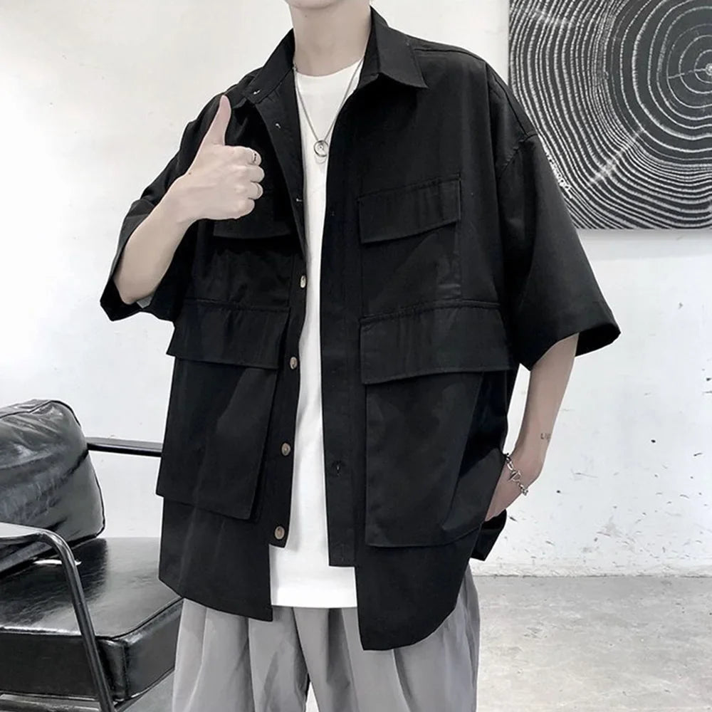 saferido Mens Big Pocket Workwear Short-Sleeve Shirt Streetwear Fashion Youth Trendy Solid Color Versatile Tops Men'S Clothing Spring New