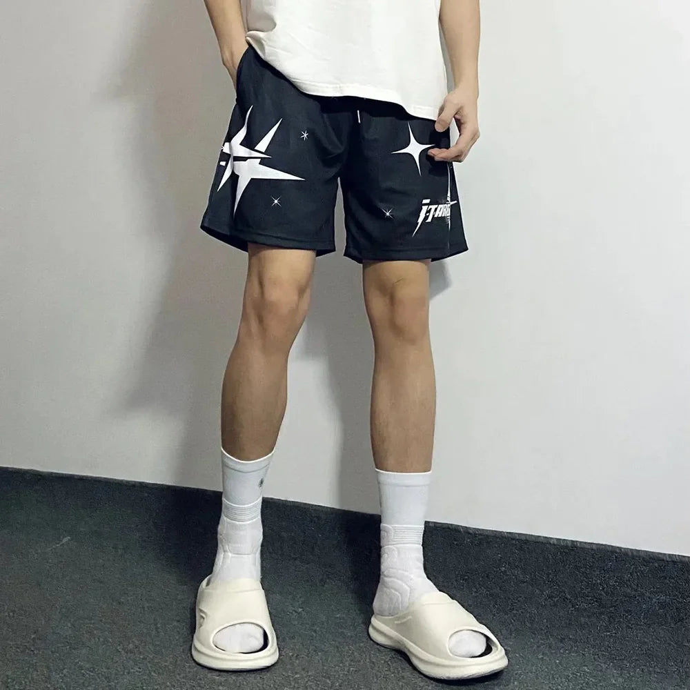 saferido American Y2K Basketball Sports Shorts Men Trend Y2k Street Loose Pentagram Print Knee-length Pants Fitness Breathable Casual Pants