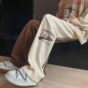 saferido Youth Korean Trendy Loose Straight Casual Pants Patchwork Elastic Waist Pockets Stripe Contrast Sports Loose Wide Leg Trousers
