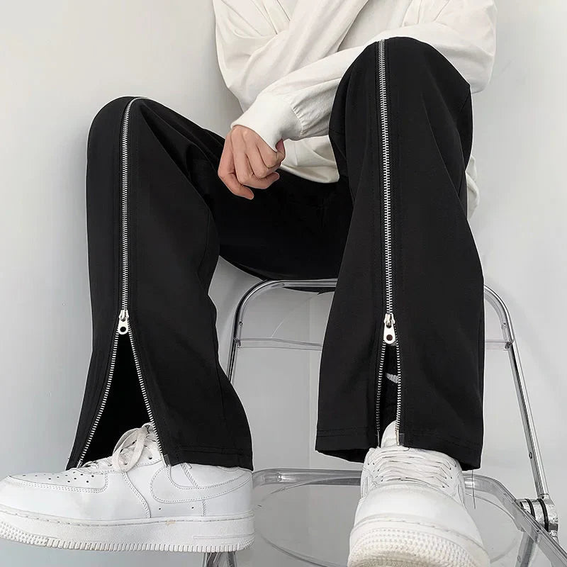 saferido Zipper Black Pants Men's Loose Drape Straight Wide-leg Trousers Fashion Spring Summer Solid Color Casual All-match Casual Pants