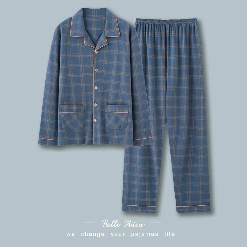 Men Pajamas Set Lounge Sleepwear Plaid Pyjamas Long Sleeve Spring Autumn Loungewear Male Homewear Home Clothes