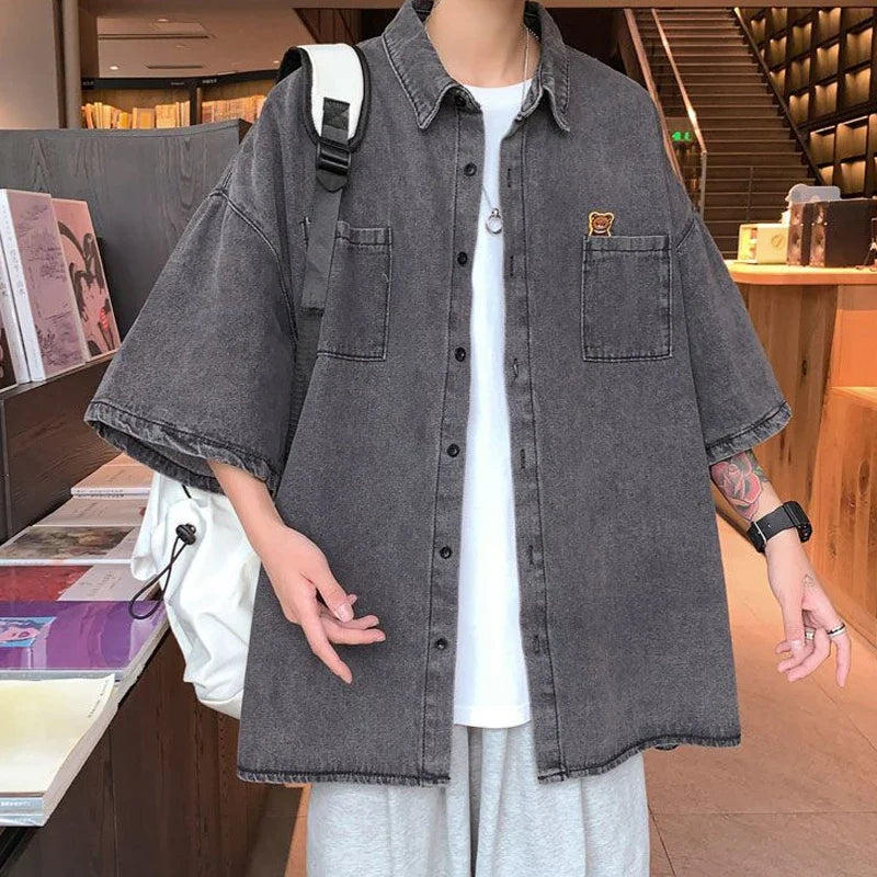 saferido Turn-down Collar Loose Man Shirts Handsome Short Sleeve Button Pockets Solid Korean Fashion Casual Spring Summer Men's Clothing