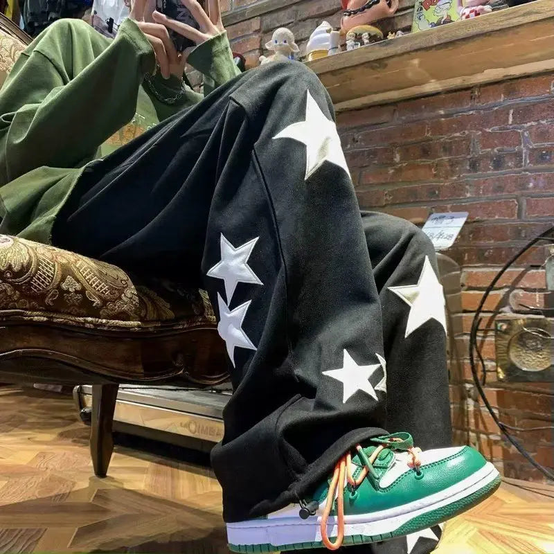 saferido Street American Vintage Print Star Casual Sports Pants Men Spring Autumn Pocket Elastic Waist Drawstring Loose Straight Trousers
