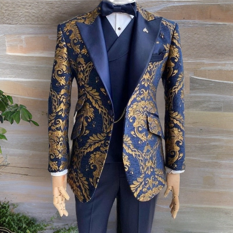 Floral Jacquard Wedding Suits for Men with Stand Collar Double Breasted Navy Blue Formal Groom Tuxedo Jacket Vest Pants 3 Piece