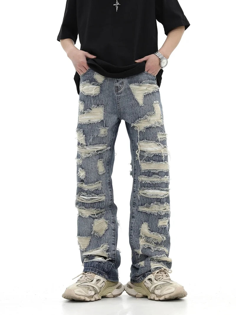 saferido American style high street washed personalized torn hole cut straight tube loose fitting jeans, versatile for men